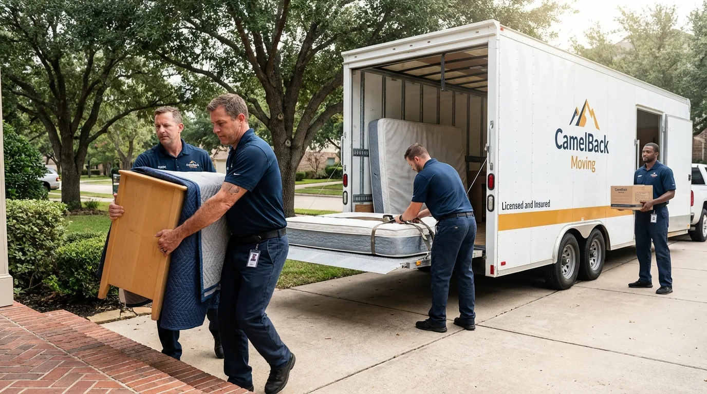 Crew loading residential truck for cross-state move from La Mirada, CA