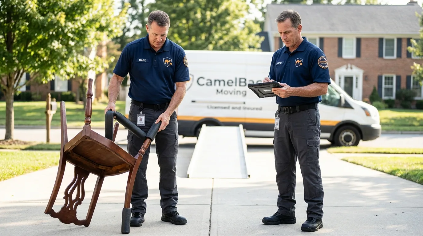 Movers inspecting furniture for damage prevention before loading in La Mirada, CA